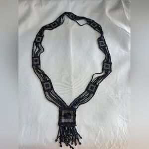 Art Deco Era Hand-Beaded Fringe Necklace | 26” Vintage Blue & Silver Statement